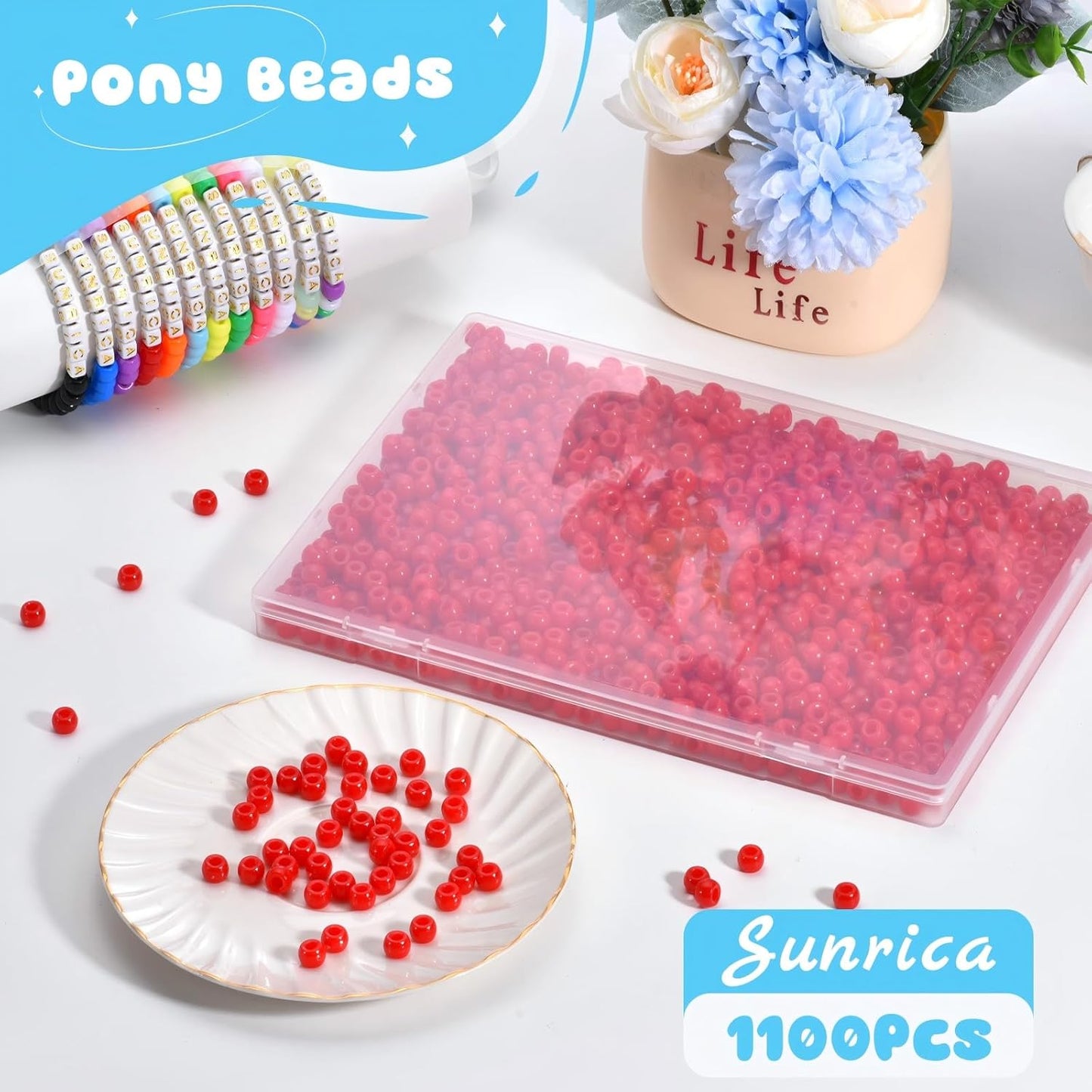1100Pcs Red Pony Beads 6x9mm Large Hole Plastic Hair Beads for Braids, Kandi Bracelets, Keychains, Jewelry Making