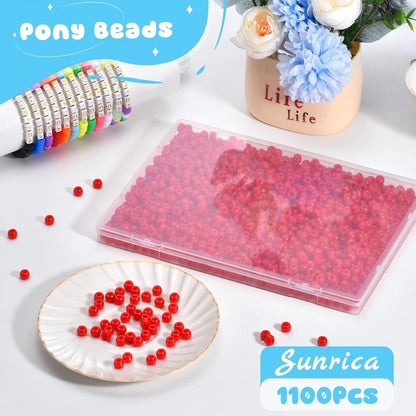 1100Pcs Red Pony Beads 6x9mm Large Hole Plastic Hair Beads for Braids, Kandi Bracelets, Keychains, Jewelry Making