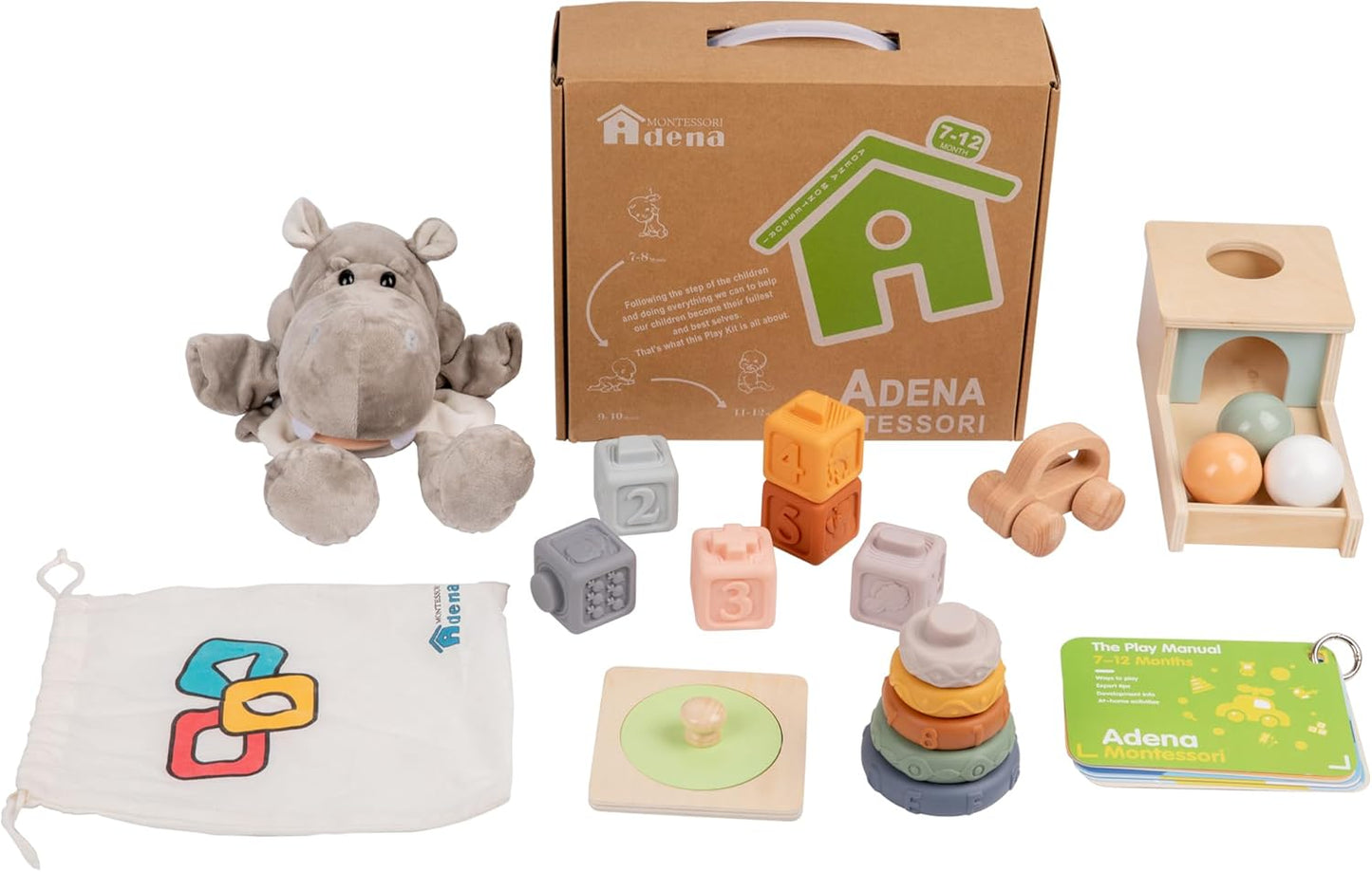 Adena Montessori Play Kit for 13-18 Month Baby,8 in 1 Toy,Colorful Stacking&Nesting Cup,Coin Bank,Coins,Carrots Lid,Carrots,Posting Lid,Flexble Stacker,Bead Kit,Shape Puzzle,Pound&Tap Hammer Bench