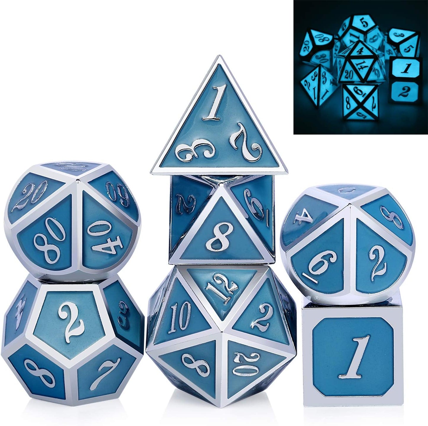 DnDnD Heavy Polyhedral Metal Dice Set with Metal Box, 7-die Shiny Blue Surface with Golden Number for RPG,Dungeons and Dragons,Pathfinder,Shadowrun,D&D,Role Palying Game and Math Teaching - Colors B