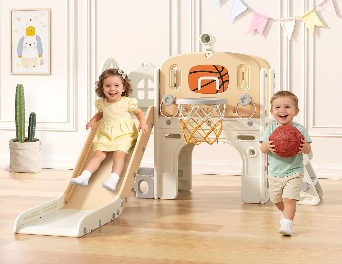 BIERUM 9 in 1 Toddler Slide, Kid Slide for Toddlers Age 1-3 with Ring Toss, Basketball Hoop, and Telescope, Indoor Outdoor Playset Playground Beige Gray