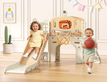 BIERUM 9 in 1 Toddler Slide, Kid Slide for Toddlers Age 1-3 with Ring Toss, Basketball Hoop, and Telescope, Indoor Outdoor Playset Playground Beige Gray