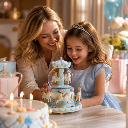Blue Carousel Snow Globe Music Box with LED Lights, Rotating Horse Merry Go Round with Glitter Snowfall, Wind Up Musical Snow Globe Plays Over the Rainbow, Gift for Daughter Granddaughter Women