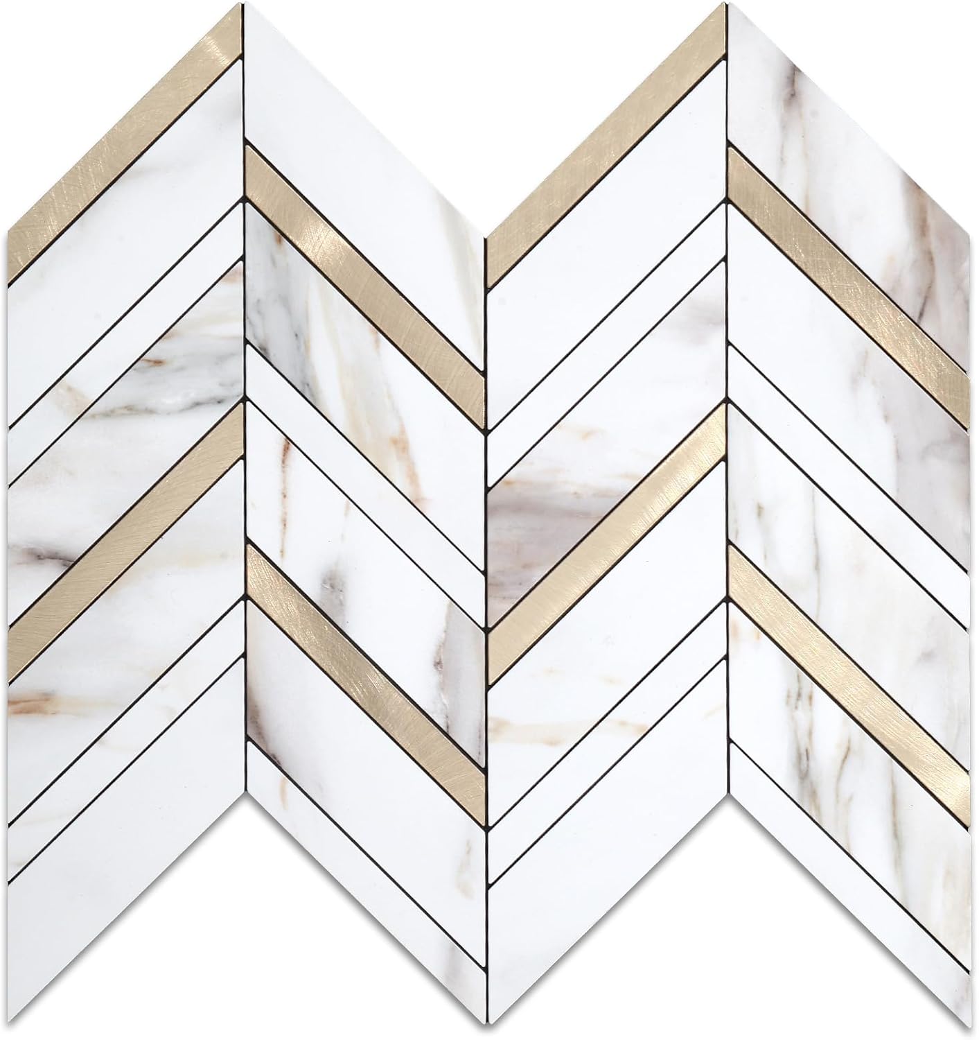 Yipscazo 10 Sheets Herringbone Backsplash Peel and Stick Tile, Marble Calacata Mixed Metal Gold PVC Stick on Backsplash for Kitchen, Waterproof Self Adhesive Wall Tile for Bathroom