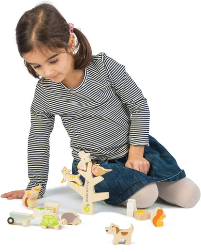 Tender Leaf Toys - Stacking Garden Friends - 14 Pcs Wooden Stacking & Balancing Toy & Educational Game with Free Travel Bag