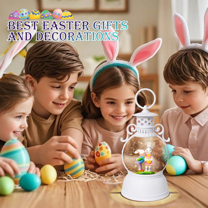 Easter Snow Globe Lantern, 9.4" Bunny Couple Lighted Snow Lantern with 6-Hour Timer, Battery or USB Powered, Spring Easter Decorations for Home, Easter Bunny Gift & Blue Easter Decor