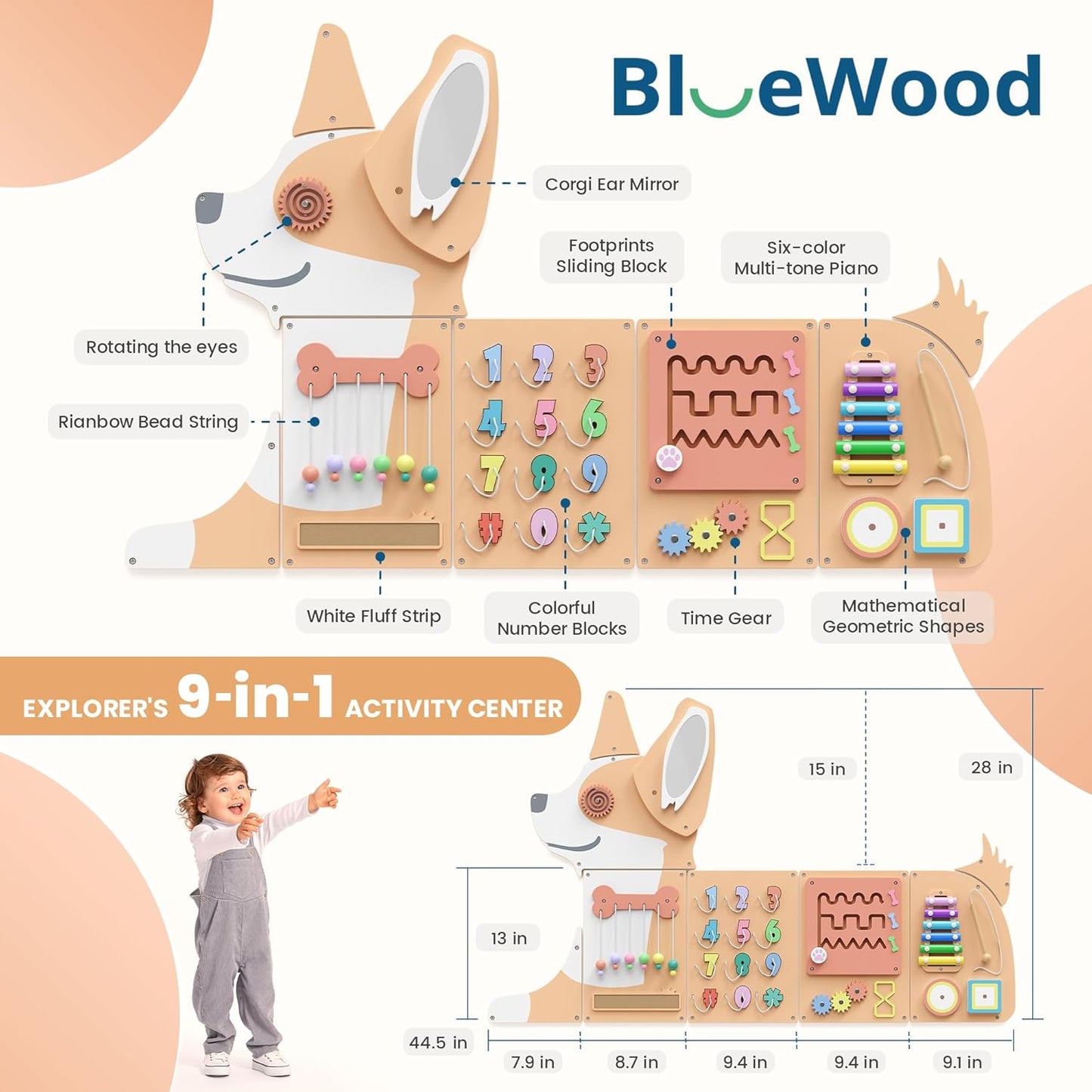BlueWood Wooden Wall Busy Board Panels, Toddler Learning Activity Center, Montessori Philosophy Sensory, Educational Toys, Conducive to All-Round Development - Whale
