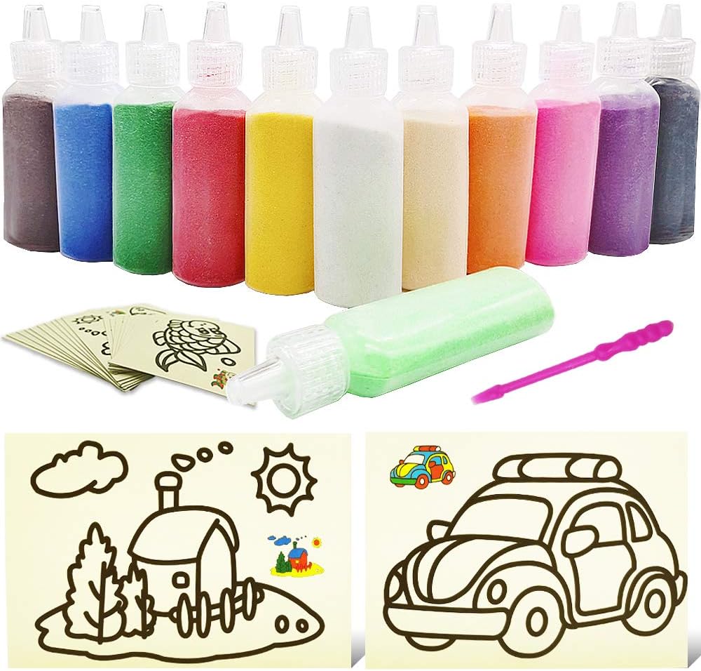 Zddaoole 32 PCS Art Sand Kit - 12 Color Scenic Sand With 20 Sheets Sand Art Painting Cards Set, DIY Arts and Crafts, 1.25oz Bottles