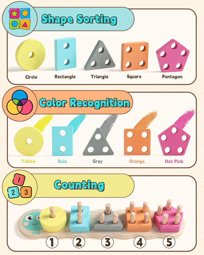 Zeewoo 1 Year Old Girl Boy Gifts Montessori Educational Toys for 1 2 Year Old Caterpillar Wooden Shape Sorter Stacking Toys for Toddlers 1-3 Preschool Learning Toy Birthday Gift