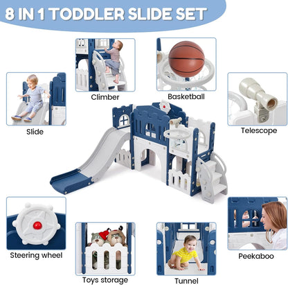 GarveeHome 8 in 1 Toddler Slide, Toddler Outdoor Playset with Slide, Climber, Tunnel, Basketball Hoop, Toy Storage and Telescope for Toddlers Age 1-3, Blue