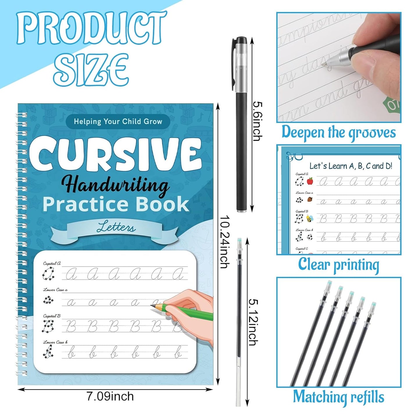 Gilprop Cursive Handwriting Kits Groove Cursive Handwriting Practice Copybook Reusable Letter Tracing Book with Special Ink for Letters Home Learning Supplies, 10.2 x 7.1