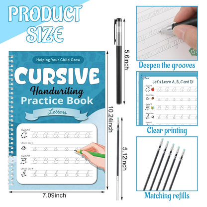 Gilprop Cursive Handwriting Kits Groove Cursive Handwriting Practice Copybook Reusable Letter Tracing Book with Special Ink for Letters Home Learning Supplies, 10.2 x 7.1