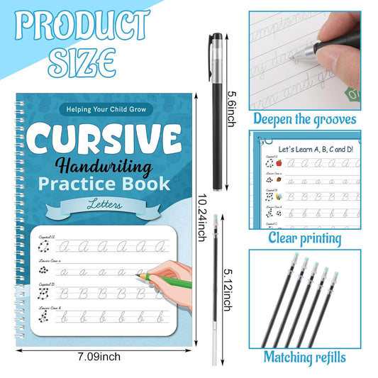 Gilprop Cursive Handwriting Kits Groove Cursive Handwriting Practice Copybook Reusable Letter Tracing Book with Special Ink for Letters Home Learning Supplies, 10.2 x 7.1
