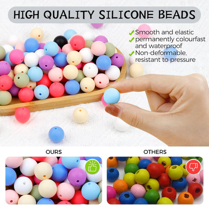 120PCS FIVEIZERO Silicone Beads for Keychain Making, 15mm Glacier Gray Round Silicone Rubber Focal Beads Bulk for DIY Crafts, Bracelets, Necklaces, and Pens