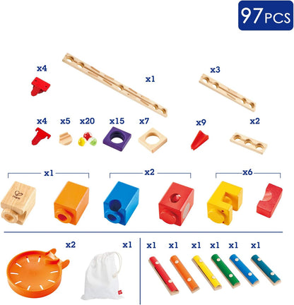 Hape Wooden Quadrilla Marble Run Music Motion Construction with Instruction| 97-Piece STEM Educational Learning Toys for Kids
