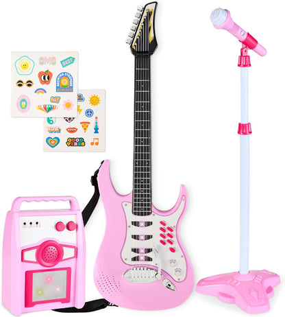 Best Choice Products Kids Electric Guitar Set with Microphone & Amp, Interactive Musical Toy for Boys & Girls, Lights & Sounds, Demo Songs, AUX Input, DIY Stickers - Blue