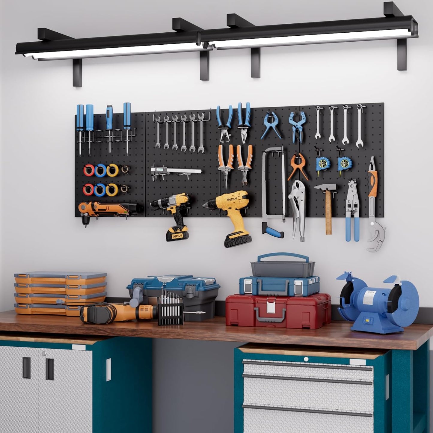 INCLY 70PCS Pegboard Wall Organizer, 4PCS Metal Peg Board Panels with 66PCS 1/4" Pegboard Hooks Accessories Kit, Black Peg Board for Walls Home, Garage Tool Storage, Workbench Organization