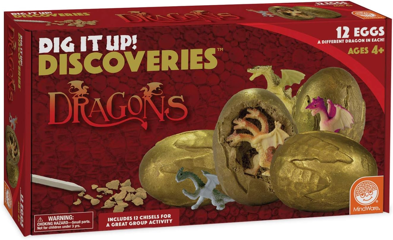 MindWare Dig It Up! Discoveries Dragon Eggs Dig Kit - Includes 12 Dragon Eggs with Toys Inside, Chisel Tools, Instruction Sheets & Excavation Guidebook