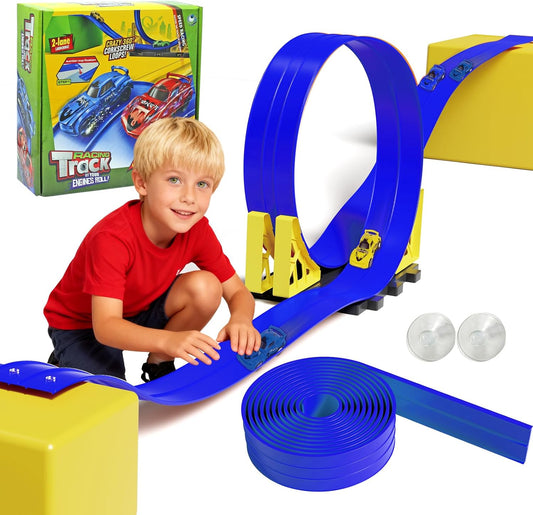 16.5ft Build Anywhere Portable Race Track with Suction Cups - Flexible Roll-Up Design Fits 1/64 Scale Cars, Portable Toy Gift for Kids 4+ Year Old (3 Tracks/Red)