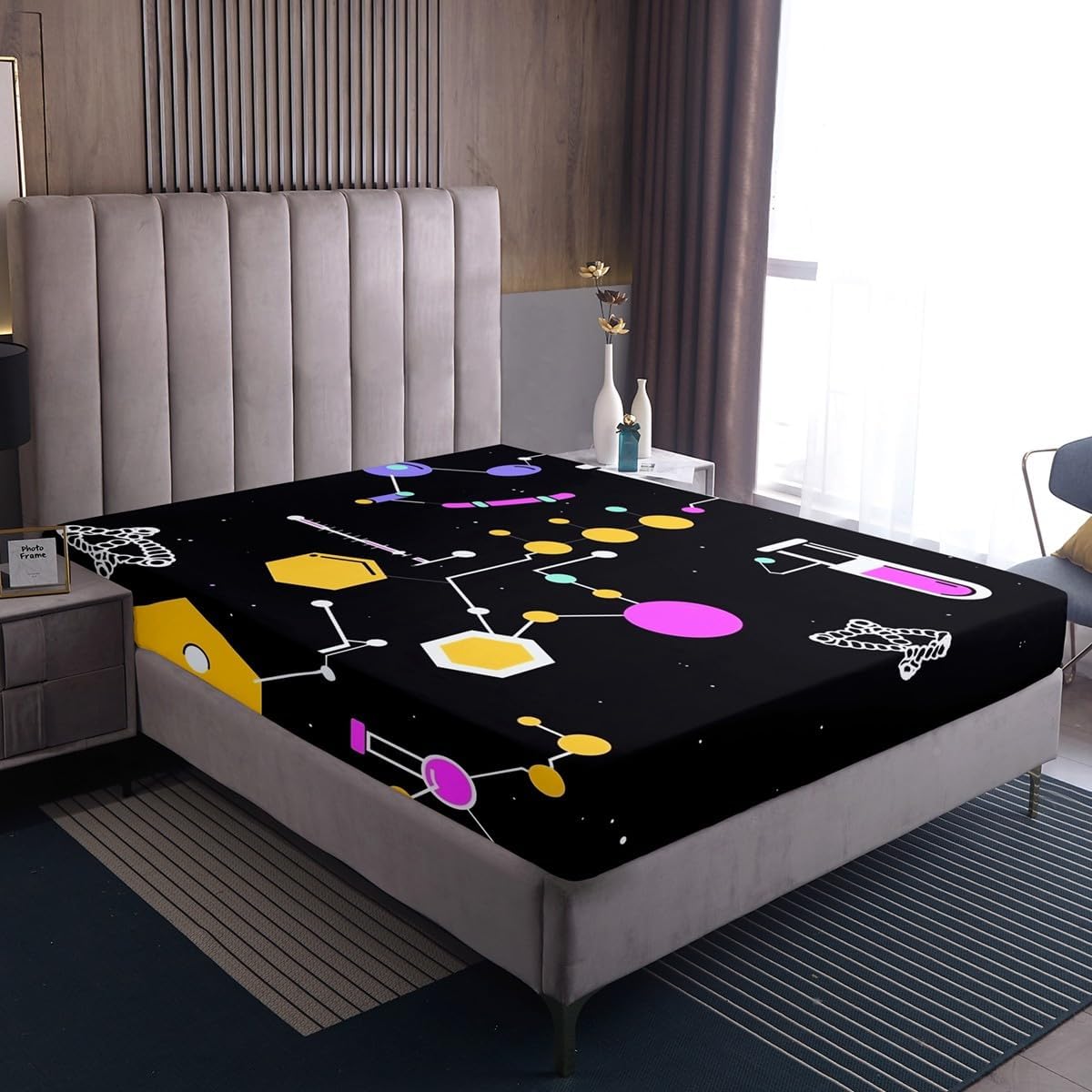 Chemistry Bed Sheets for Kids Teens Girls Boys,Chemical Experiment Fitted Sheet Twin,Science Themed Sheets for Math Lovers,Chemistry Lab Bedding Set,White and Black