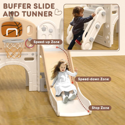 YUFU 9 in 1 Toddler Slide Set, Kids Slide for Toddlers Age 1-3, Toddler Playset with Climber and Basketball Hoop, Kids Indoor Outdoor Playground (Beige+Coffee)