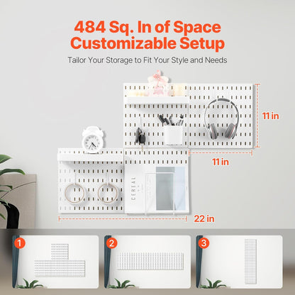 VEVOR Pegboard Combination Kit, 11" x 11" Plastic Pegboard, 4 Panels, Peg Board Wall Organizer Kit with Accessories, for Garage Tool Storage Kitchen Living Room Craft Room Office Bathroom Home, White