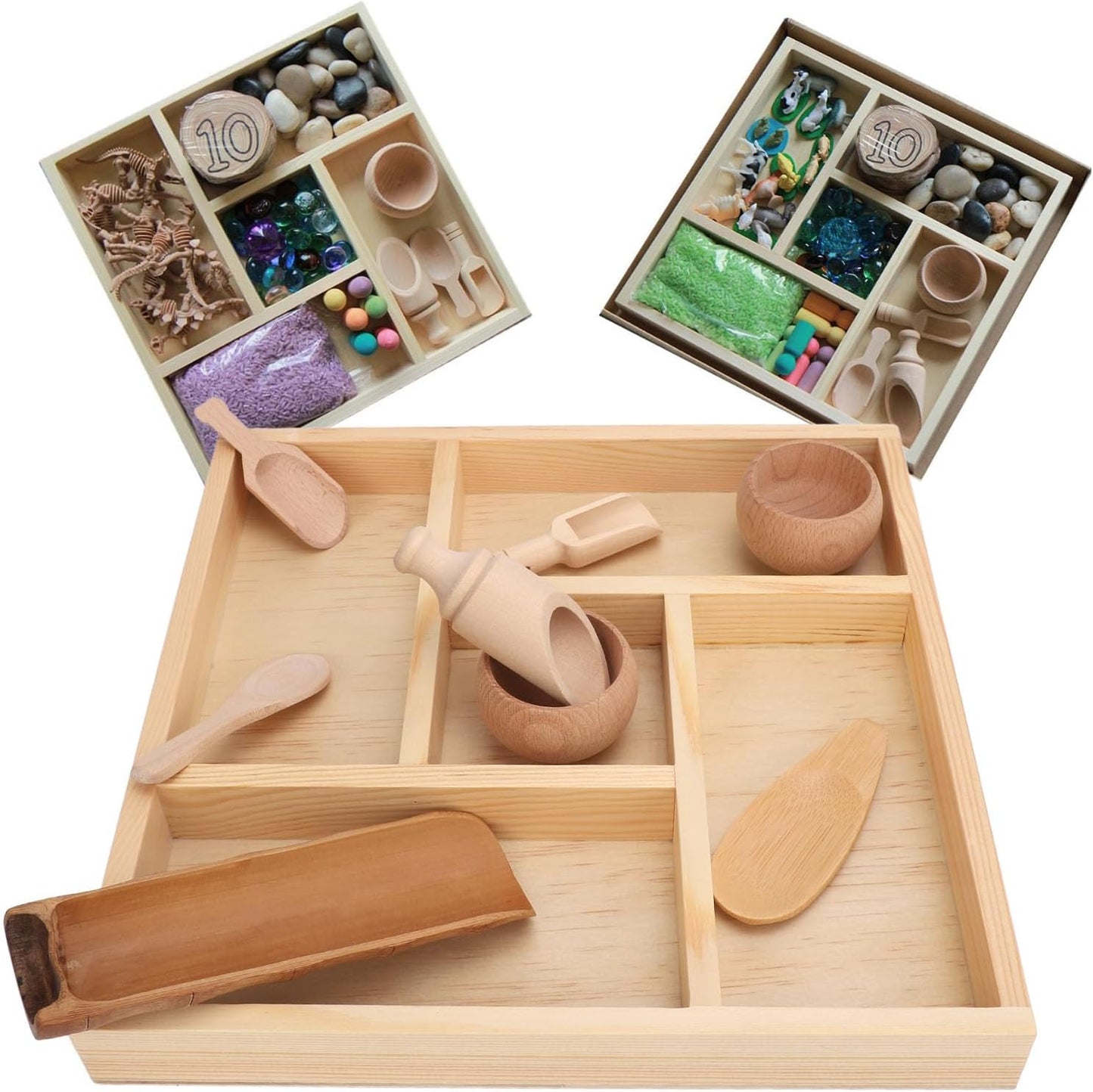 ZJchao Montessori Sensory Bin Tools, Wooden Toy Set with Bowls and Scoops for Fine Motor Skills Development, Sensory Play and Learning for Toddlers