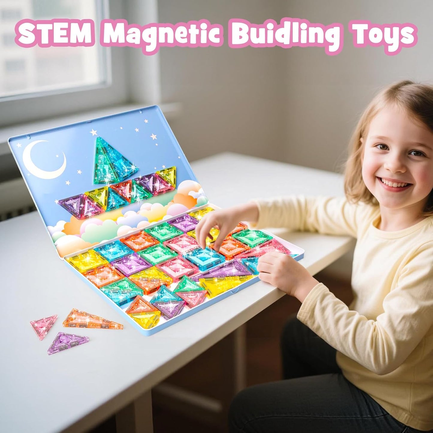 Magnetic Tiles Building Blocks for Kids Ages 3-8, Diamond Surface Travel Set with Metal Storage Box, 60PCS STEM Montessori Educational Learning Toys Gifts