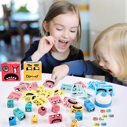 Wooden Face Changing Magic Cube Game, Expression Puzzle Building Blocks Pattern Matching Game, Educational Puzzles Toy Board Games for Kids and Adults with Bell