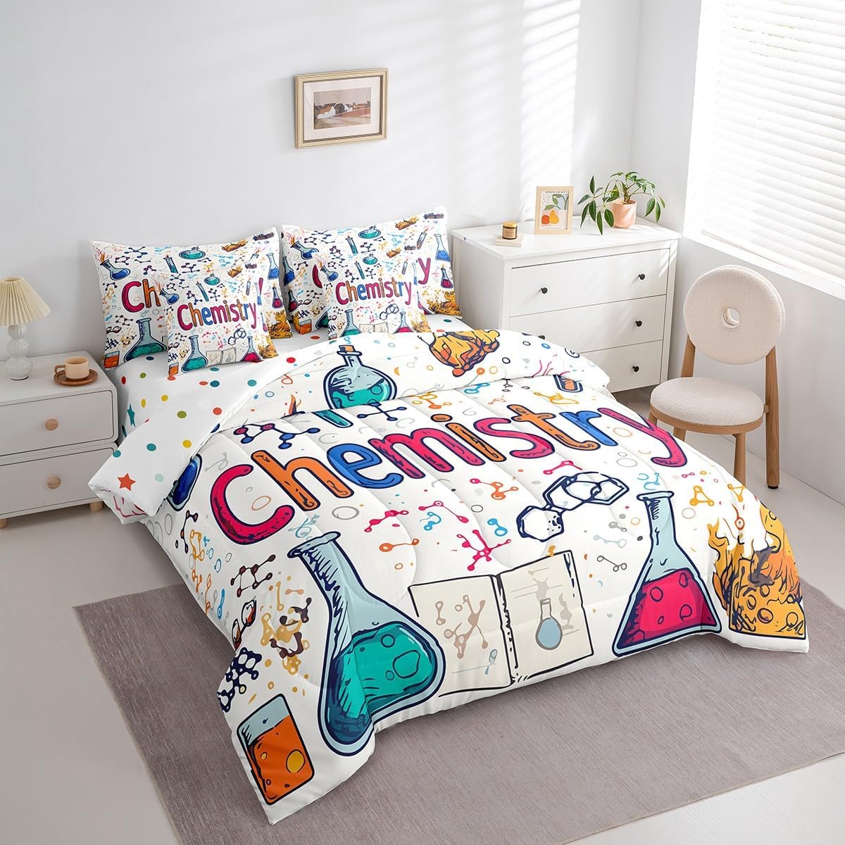 Erosebridal Chemical Equation Bed in a Bag Queen Comforter Set 7 Piece,Chemistry Bedding Sets Science Students Learning Gift Sheet Set with Comforter,Molecular Formula Education Bed Set - Colors A