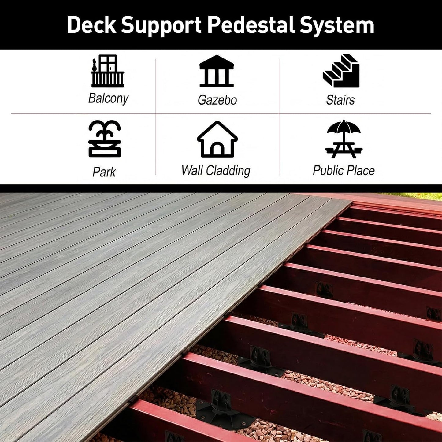 10-Pack Adjustable Deck Support Pedestal for Floating Deck Platform, Height Adjustment Range from 1-3/16" to 2-3/8", Black, Durable Deck Blocks, Easy Installation, Versatile Use