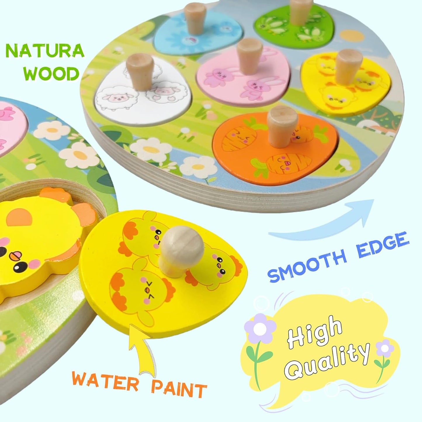 Easter Wooden Peg Puzzles Montessori Educational Toys for Toddlers 1-3 Years, Easter Basket Stuffers Party Favors for Boys Girls