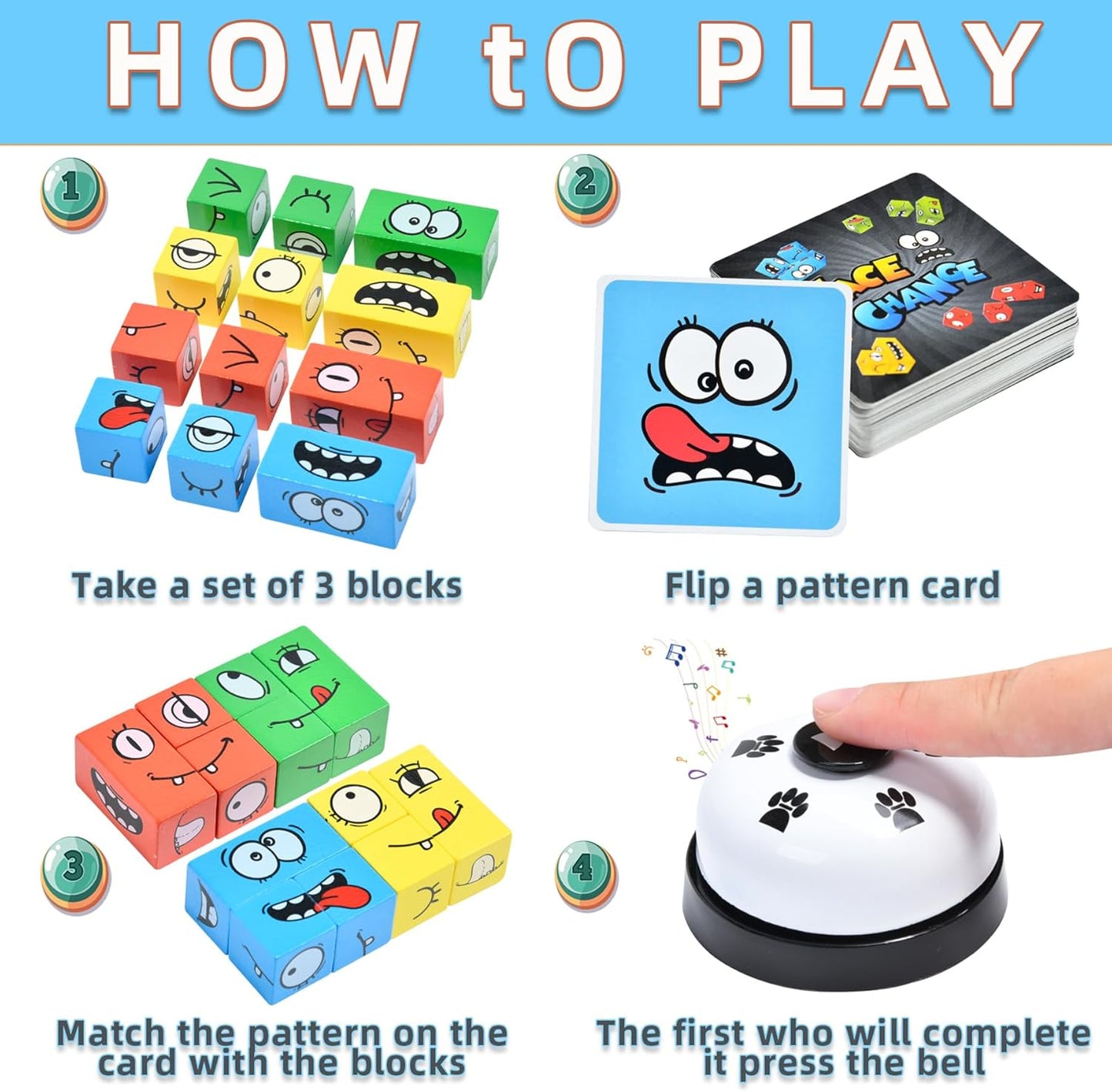Wooden Face Changing Magic Cube Game with Bell, Puzzle Building Expression Pattern Matching Blocks Toy for Kids and Adults, Educational Fun for Family Night