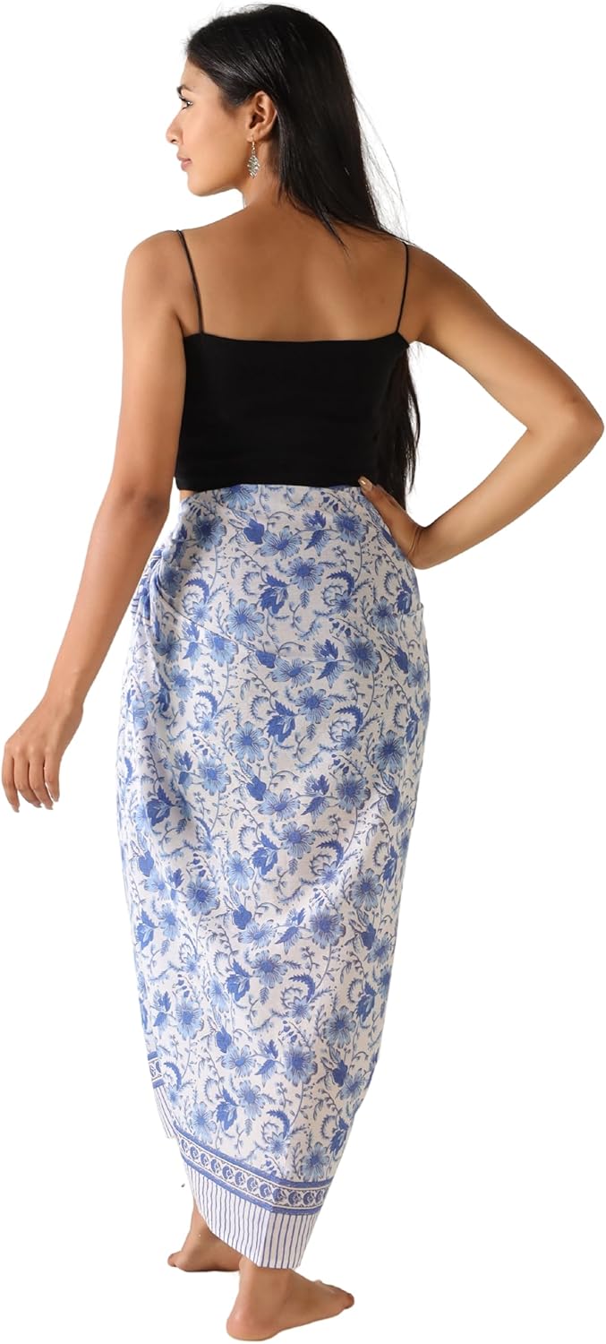 100% Cotton Sarong Cover Up for Women Indian Block Print Beach Wrap Skirt Long Boho Swimsuit Bikini Pareo (73” x 43”)