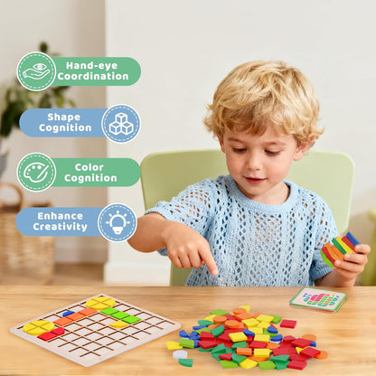 Wooden Pattern Blocks 142PCS Montessori Mosaic Puzzle Geometric Shapes Tangrams for Kids with Storage Bag, Following Cards, and Grid Board, Gifts for Boys Girls Ages 3+