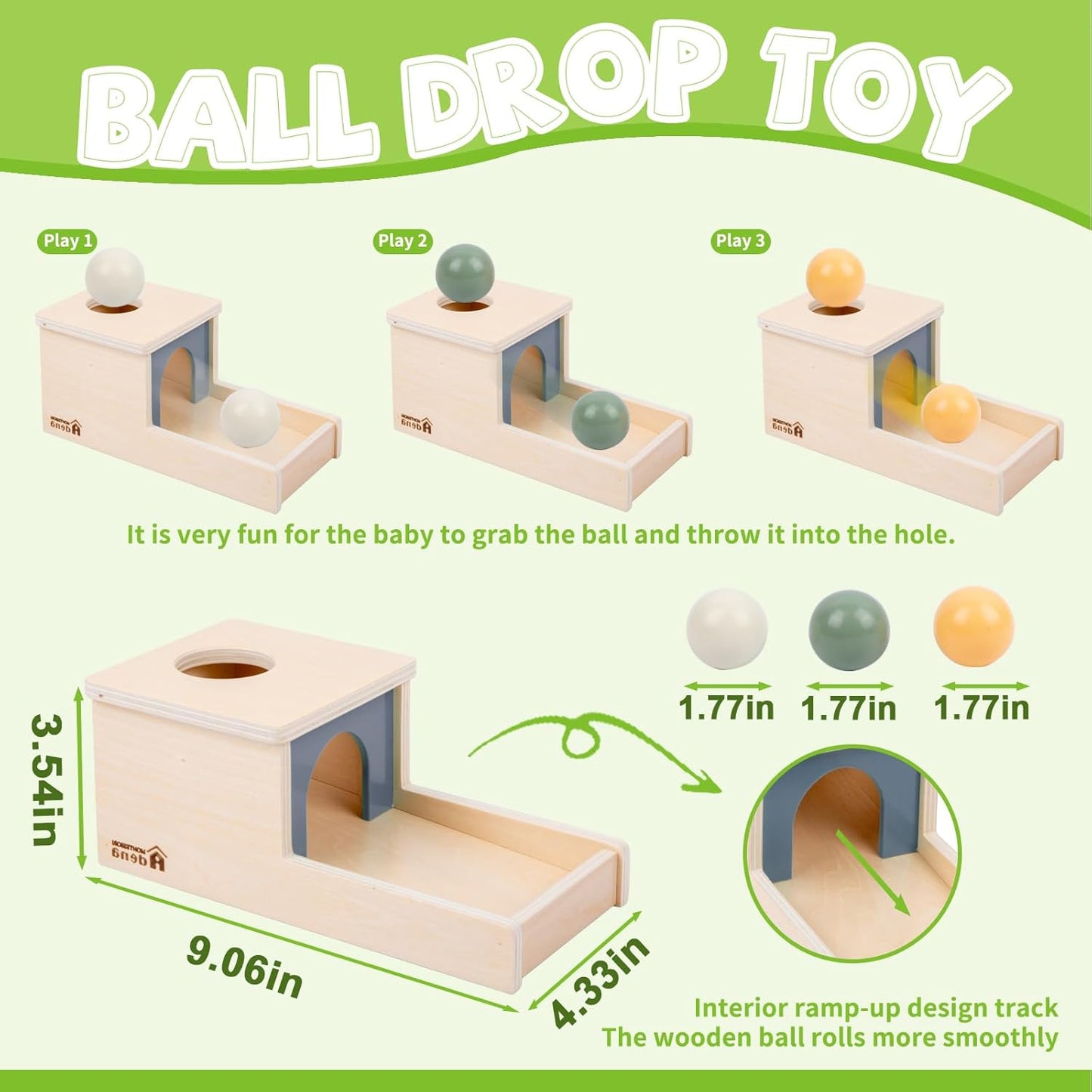 Adena Montessori Wooden Toy for 6-12 Month Baby 3 Balls with Tray, Object Permanence Box Colorful Learning Education Toy for Toddler Kid 1-2 Year Old, Preschool Developmental Girl and Boy Gift