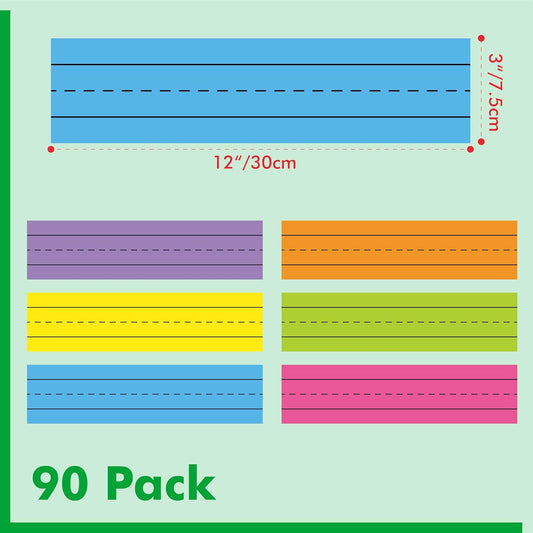 100 Pack Sentence Strips, Ruled Sentence Strip Lined Paper for Handwriting Practice Learning Tool Classroom School, Office Supplies (6 Assorted Colors, 17” x 3”)