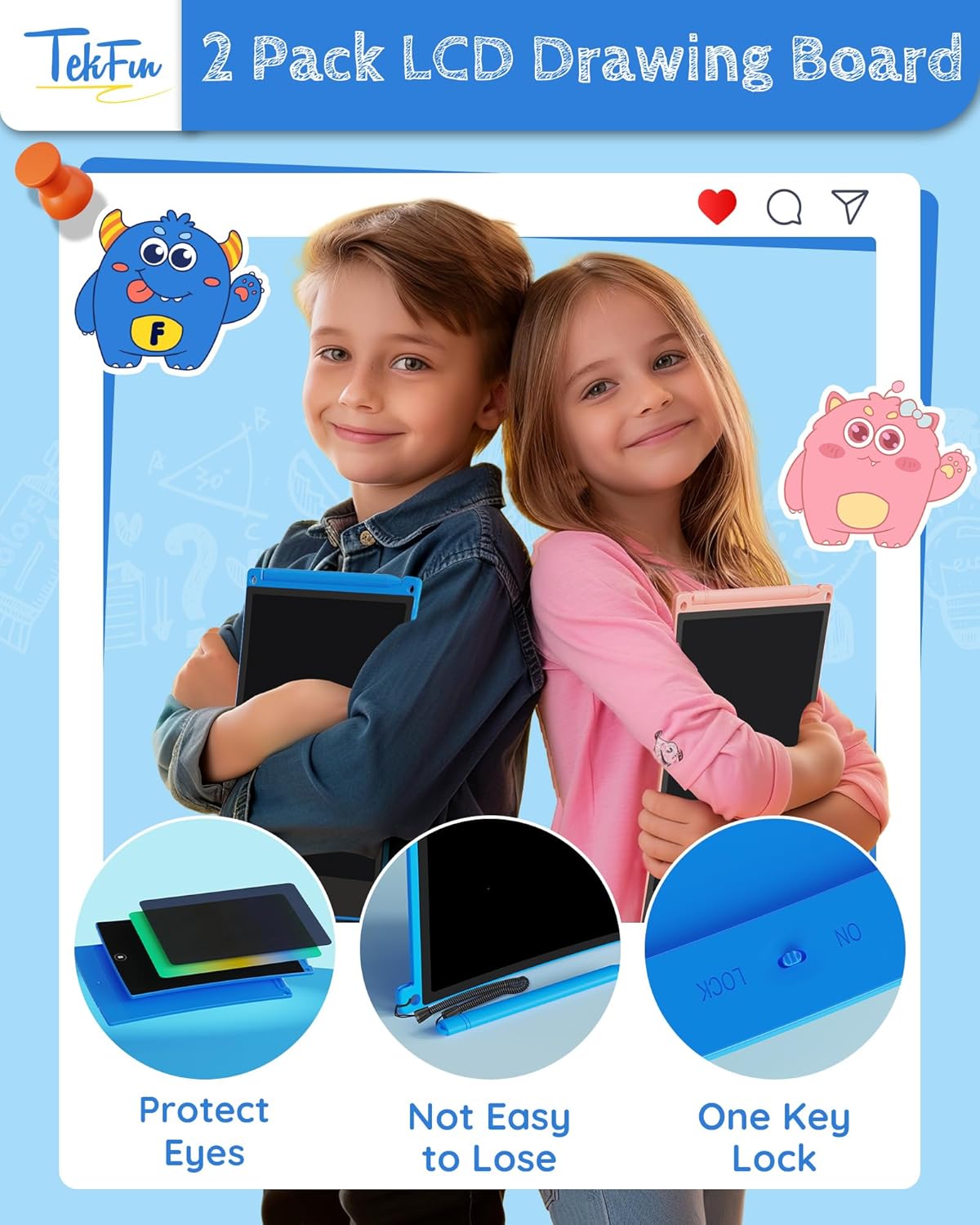 TEKFUN Kids Toys, 2Pcs LCD Writing Tablet with 4 Stylus, 8.5in Erasable Doodle Board Mess Free Drawing Pad for Kids, Car Trip Educational Toys Birthday for 3 4 5 6 7 Girls Boys