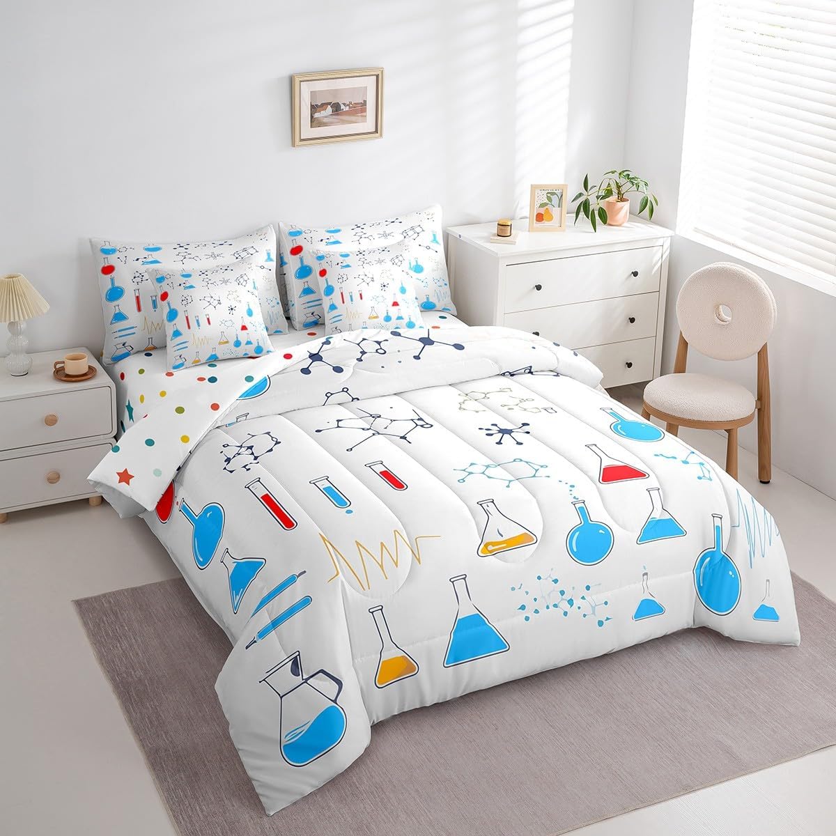 Erosebridal Chemical Equation Bed in a Bag Queen Comforter Set 7 Piece,Chemistry Bedding Sets Science Students Learning Gift Sheet Set with Comforter,Molecular Formula Education Bed Set - Colors A