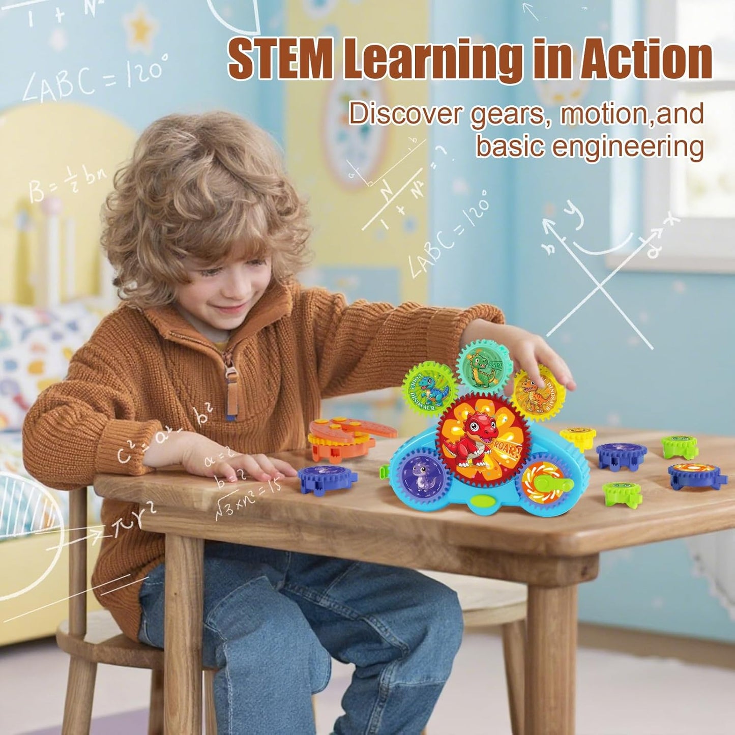 STEM Gears Toys for Kids Ages 3+, Creative Learning Building Blocks, 13Pcs Educational Construction Toy Set, Electric & Manual Dual Mode, Versatile Gear Playset Gift for Boys & Girls