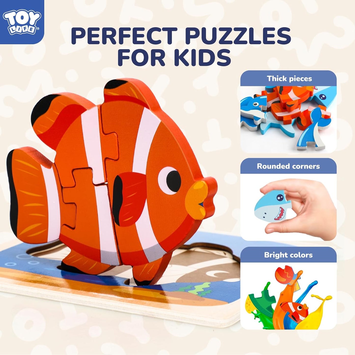 TOY Life Wooden Puzzles for Toddlers 2-4, Sea Animals Puzzles for Toddlers 1-3, Wood Puzzles Educational Montessori Toys Gifts for 1 2 3 Year Old, Baby Kids Learning Toy