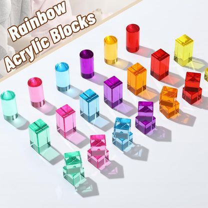 16 Pcs Acrylic Wooden Gem Blocks Sparkling Translucent Cubes Stacking Toys Wooden Cubes Blocks with Colorful Acrylic Open Ended Play Montessori Educational Toys (Round)