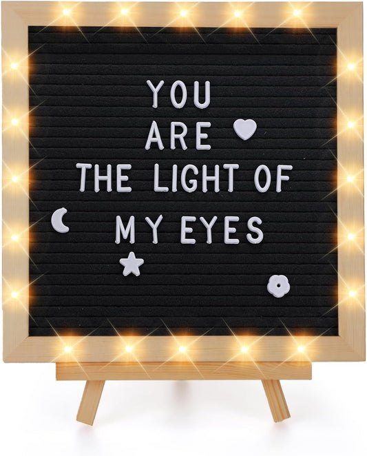 Changeable Felt Letter Board with LED Lights - 10×10" Message Custom Signs & Wood Stand & 450 Letters, Poster Board for Baby/Pregnancy Announcement/Classroom Wall Graduation Decor Gifts, Camel
