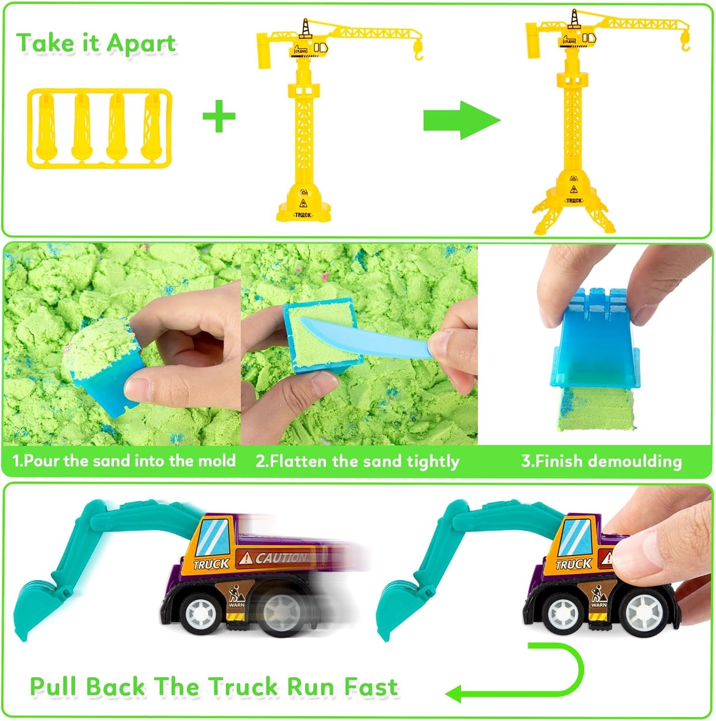 GarveeLife Kids Sand Kit, 43PCS Set w/Tools, 6 Construction Trucks & Castle Molds, Foldable Sand Box Storage Bin Tote, Toys for Boys Girls