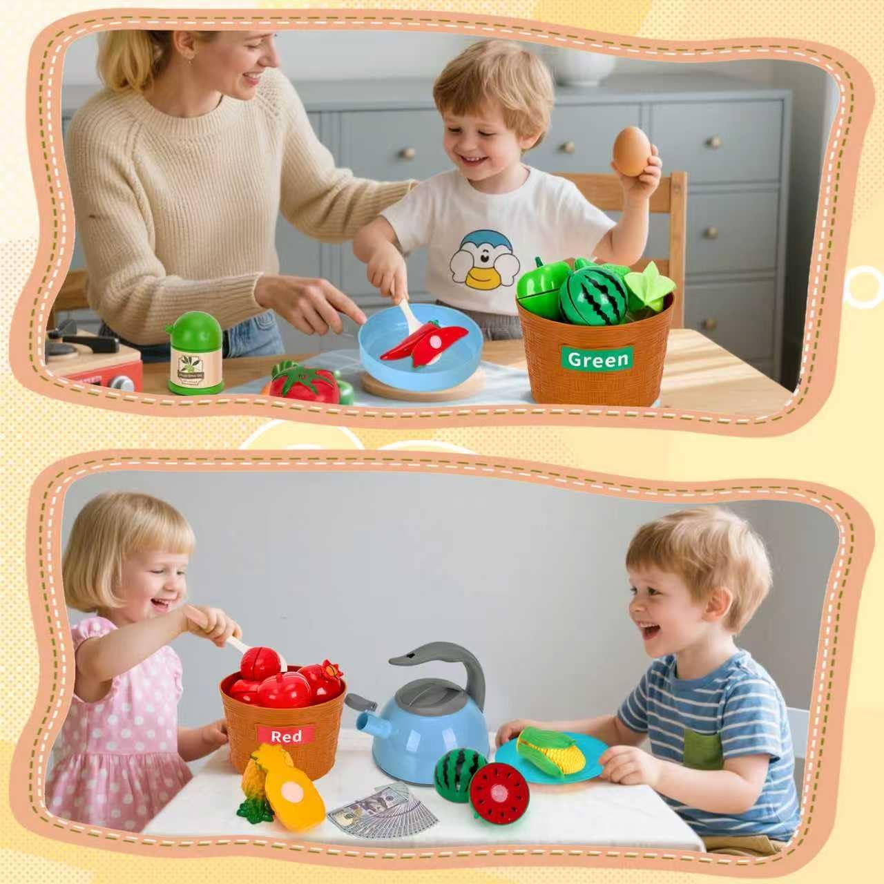 150Pcs Kitchen Playset, Toddlers Pretend Cooking Cookware Accessories, Food, Picnic Blanket, Fruits, Veges, 2Pack Shopping Storage Basket, Dessert and Prop Money, Gift for Kids (Pink)