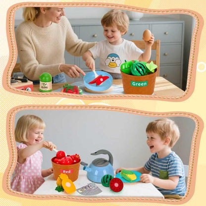 150Pcs Kitchen Playset, Toddlers Pretend Cooking Cookware Accessories, Food, Picnic Blanket, Fruits, Veges, 2Pack Shopping Storage Basket, Dessert and Prop Money, Gift for Kids (Pink)