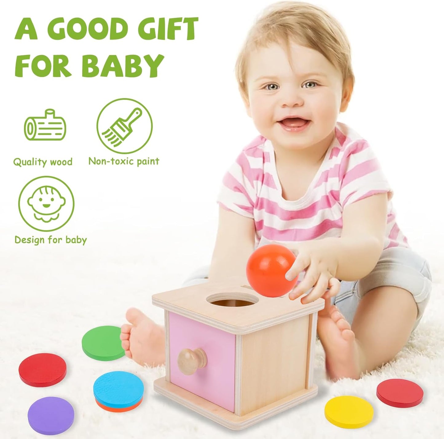 Adena Montessori Coin Box -Natural Wood Double-Sided Object Permanence Box Toy for 1-Year-Old Babies, Wooden Montessori Developmental Toy for 6-12 Month, Early Learning Gift