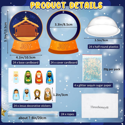 Threehoney 24 Pack Easter Nativity Craft Kit for Kids Toddler Jesus Birth Advent DIY Snow Globe Hanging Ornament with Glitter Sequin Paper Religious Holiday Classroom Decor(Joy,Silver)