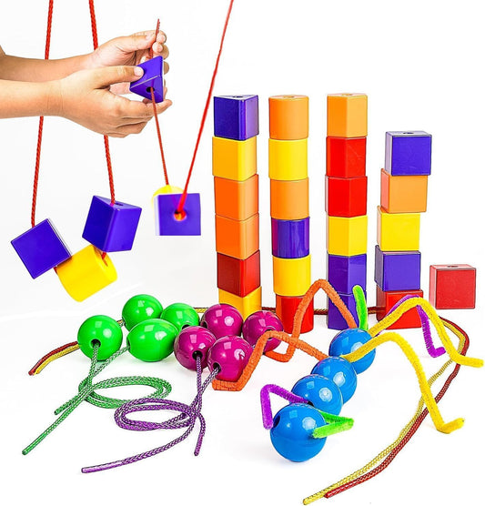 Skoolzy Lacing Beads 30 Pcs for Montessori Toys for 3 Year Old and Toddler Crafts Ages 2-4 with Beads for Kids Learning and Travel Activities Fine Motor Skills Toys