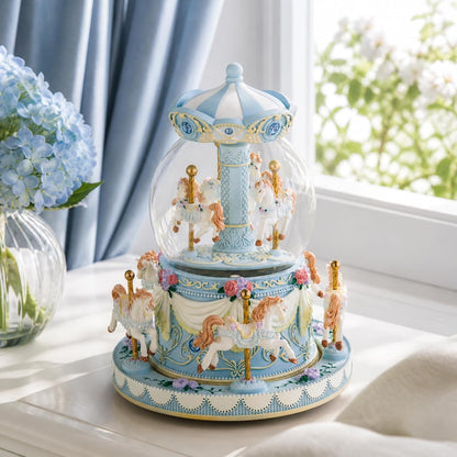 Blue Carousel Snow Globe Music Box with LED Lights, Rotating Horse Merry Go Round with Glitter Snowfall, Wind Up Musical Snow Globe Plays Over the Rainbow, Gift for Daughter Granddaughter Women